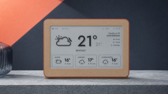 Brisa Daylo vista frontalmente con temperatura, pioggia, vento, pressione e orari di alba e tramonto su un pannello meteo e‑ink