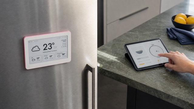 Brisa e-ink bianca e rosa fissata magneticamente a un frigorifero in acciaio accanto a un tablet neutro usato su un’isola in pietra