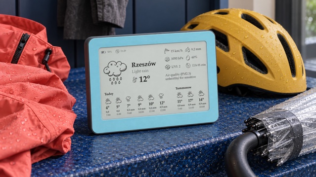 Mist Ice Brisa Daylo med temperatur, regn, vind och luftkvalitet bredvid korallfärgad regnjacka, transparent paraply och gul cykelhjälm