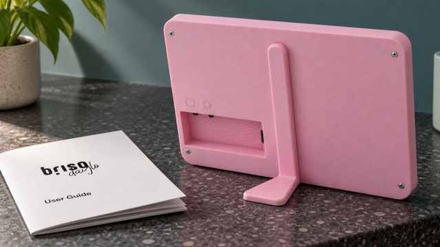Rear three-quarter view of a Cloud Blush Brisa Daylo beside its printed user guide, showing the stand, USB-C port and rear control area