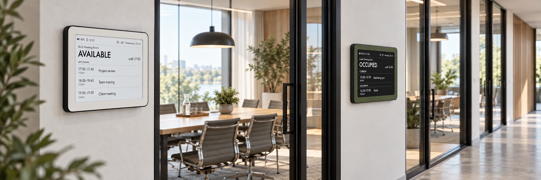 Brisa e-ink displays showing meeting-room availability along an office corridor