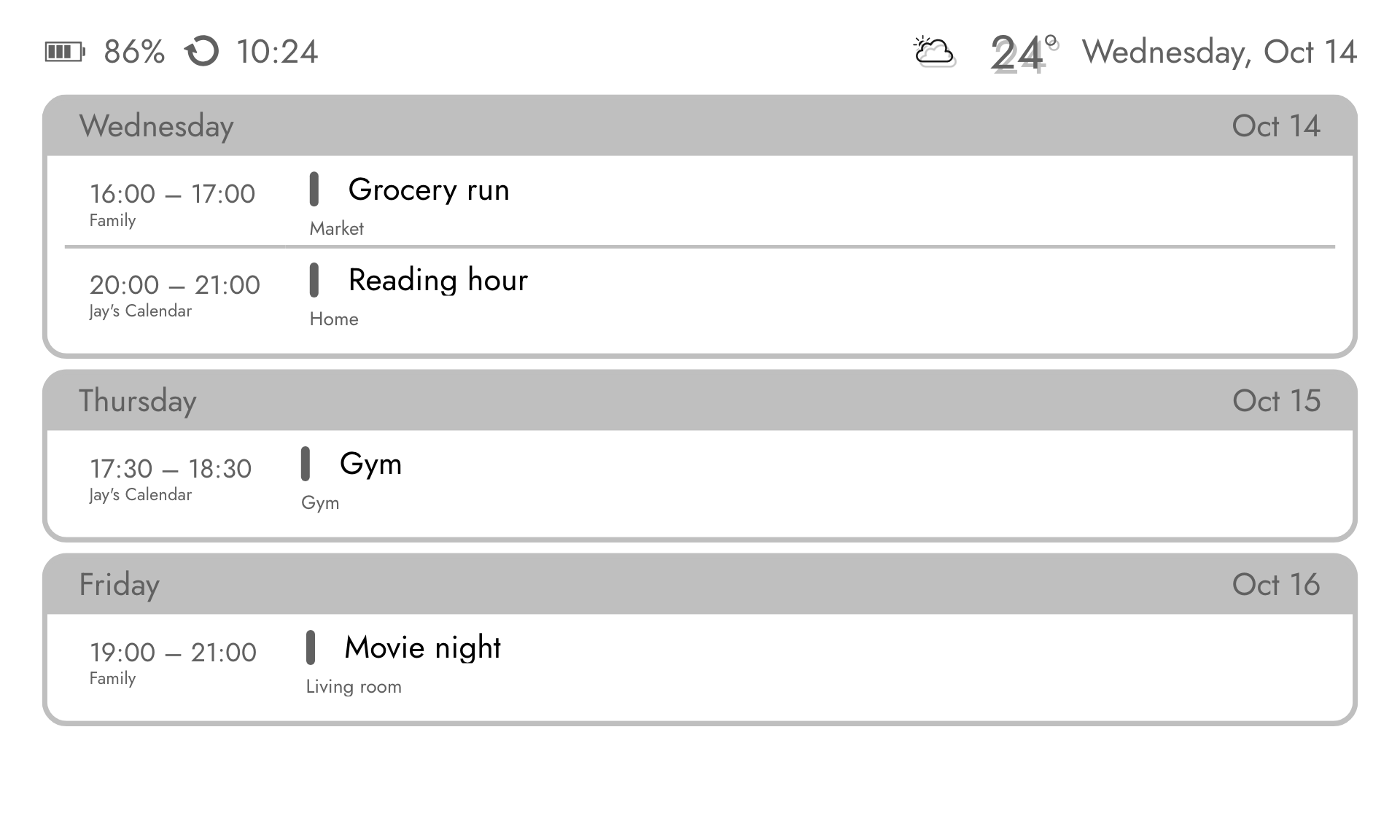 Still Calendar e-ink screen with upcoming events