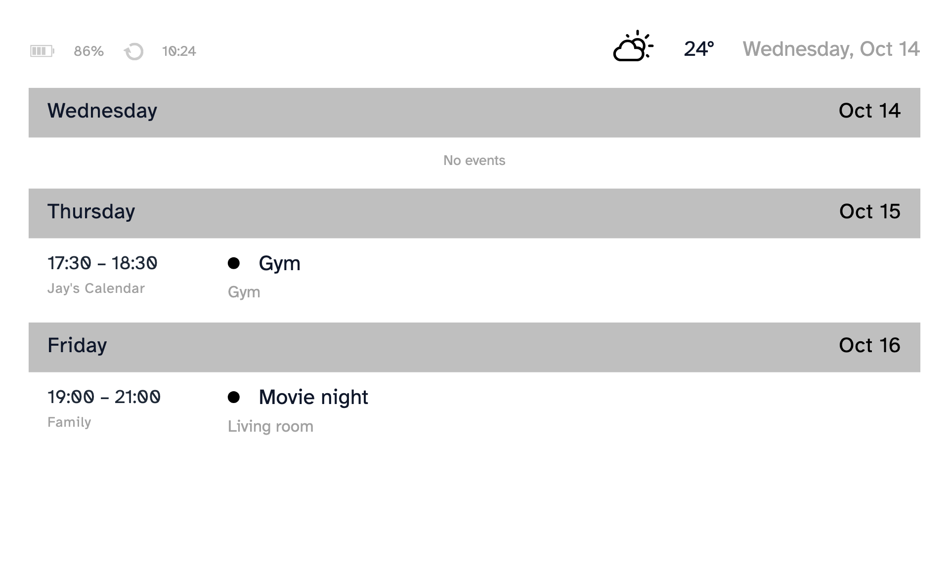 Calendar agenda e-ink screen