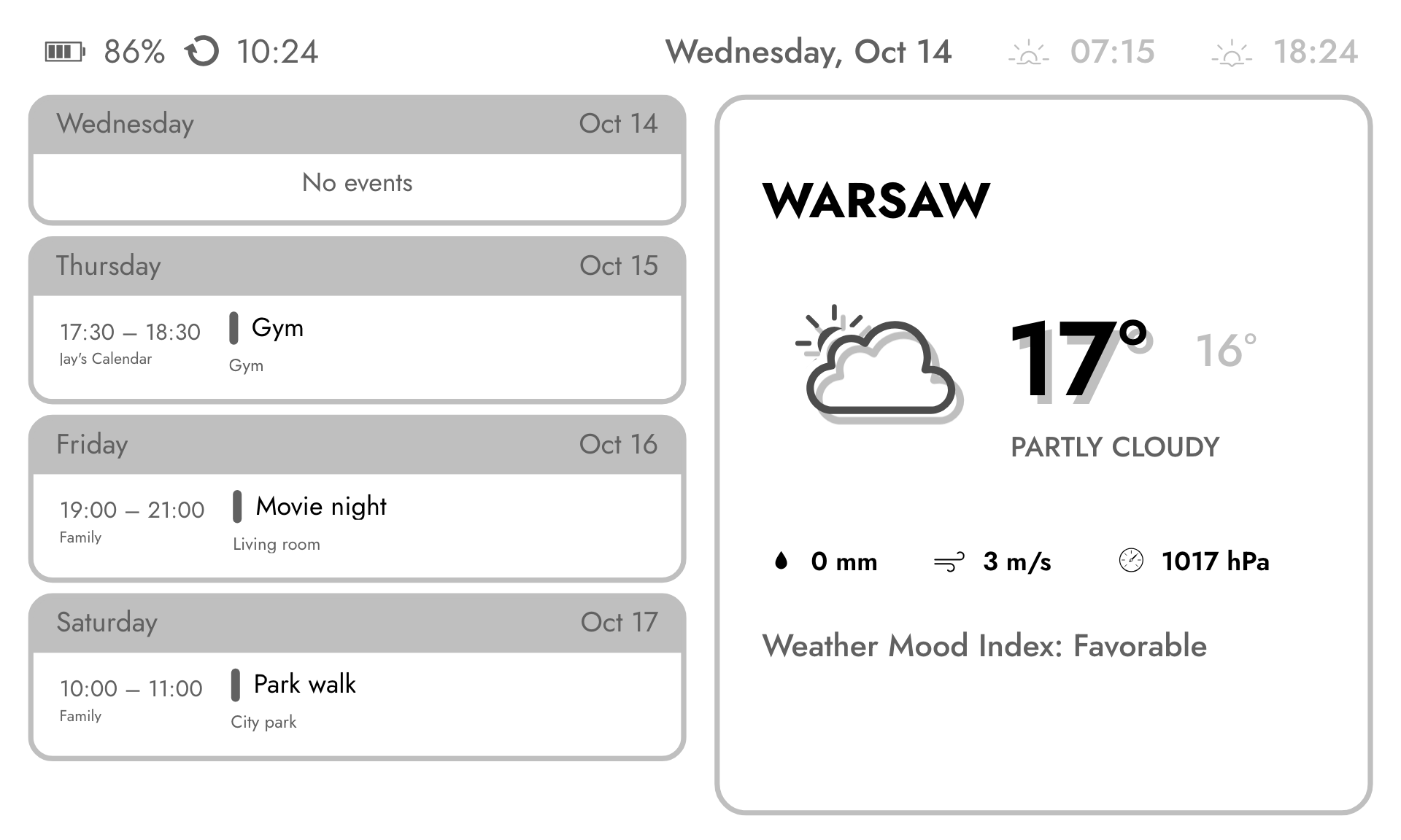 Calendar with weather e-ink screen