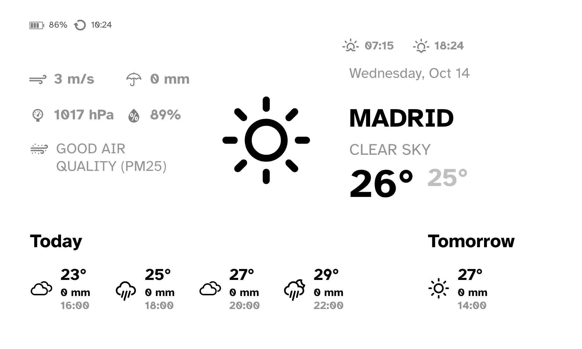 Clear weather overview e-ink screen