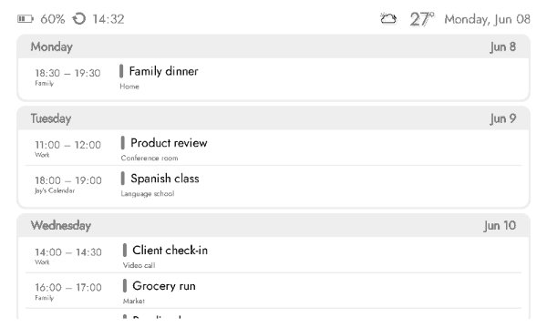 Calendar agenda e-ink screen