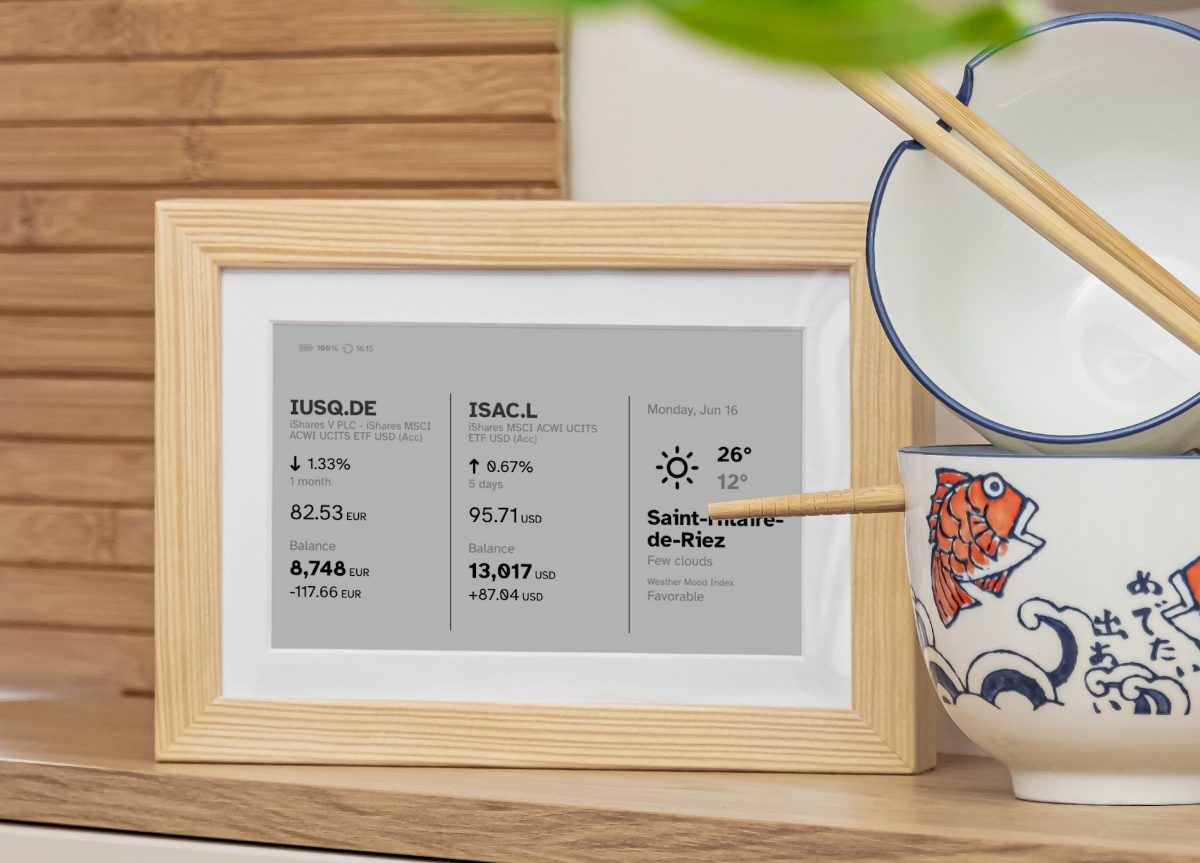 Brisa Frame in a natural wooden enclosure, on a shelf showing weather and markets